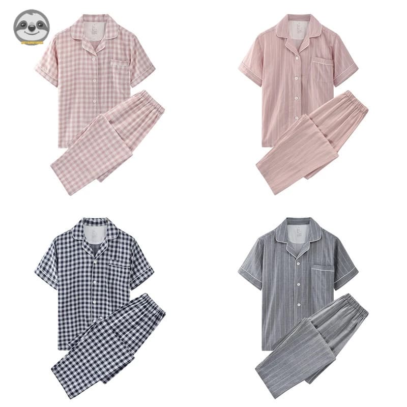 Bộ Đồ Ngủ Cotton Tay Ngắn Phong Cách Muji Nhật Bản / Quần Dài Dáng Rộng / Bộ Đồ Pajamas Kẻ Sọc Caro Hai Lớp Đơn Giản Dành Cho Cặp Đôi