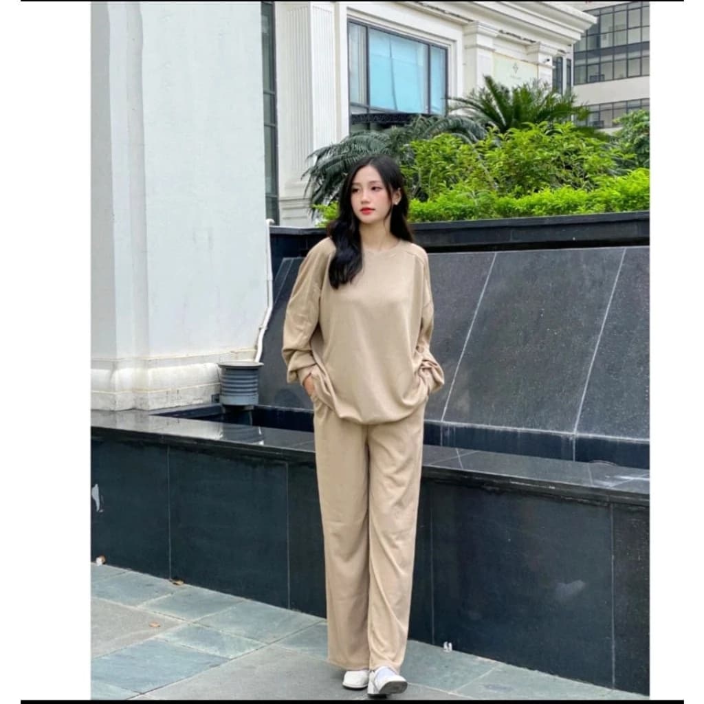 Set bộ nỉ tăm dài tay cổ tròn Thu Đông vải nỉ tăm ấm áp