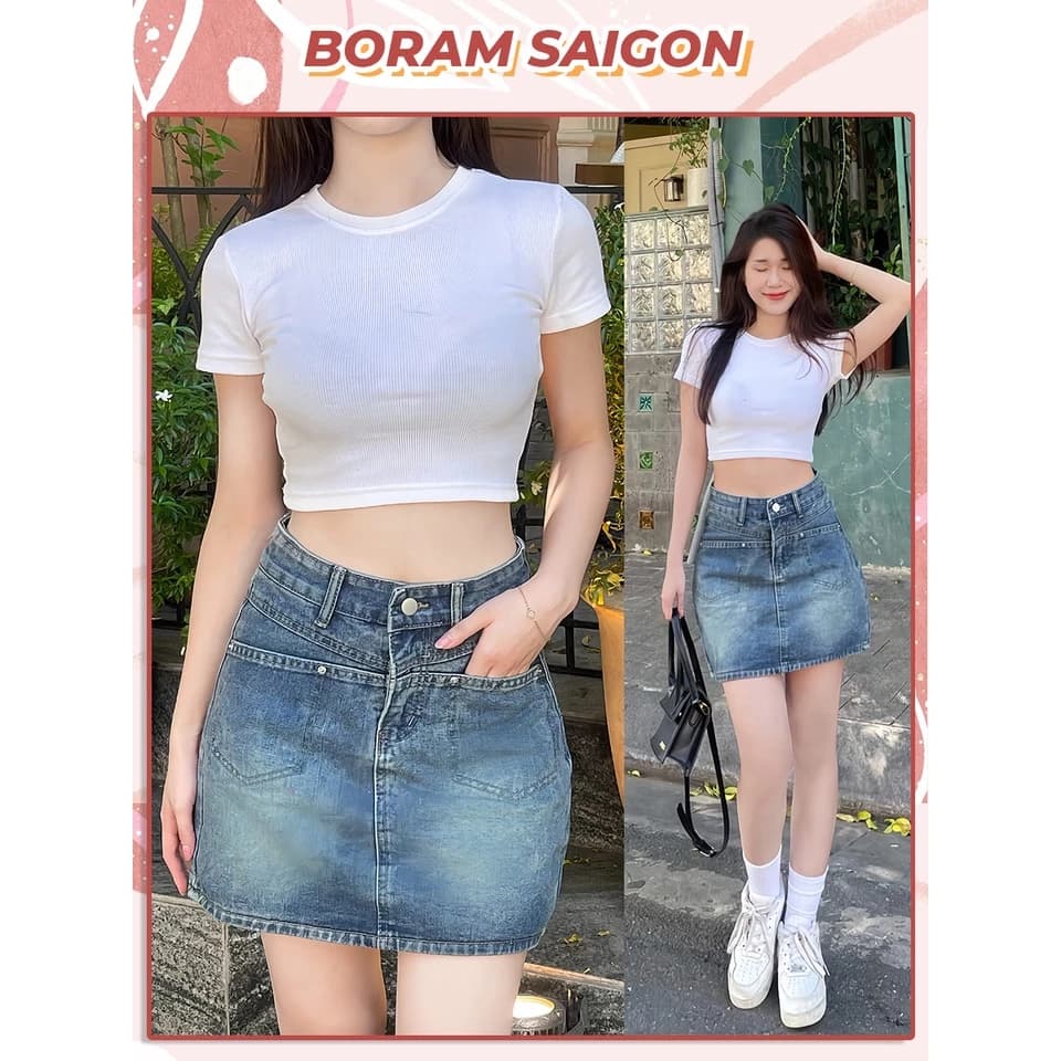Chân váy jean chữ a, chân váy basic đơn giản có quần bảo hộ BORAM SG