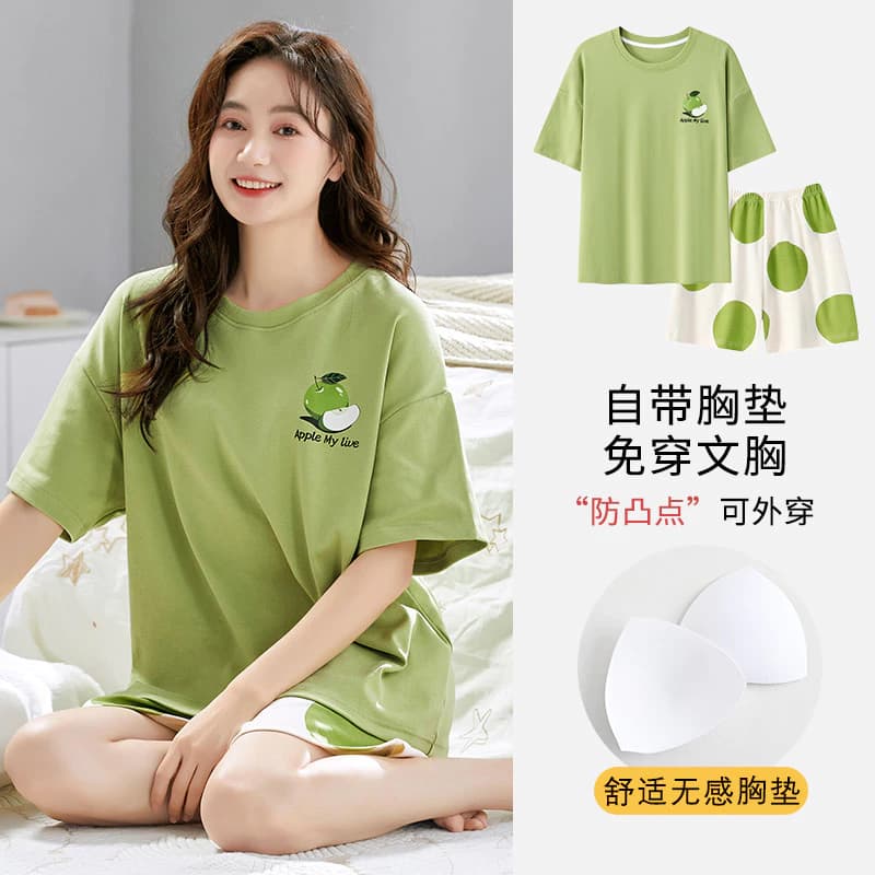 Bộ đồ ngủ nữ thoáng khí cho mùa hè - Bộ đồ ngủ ngắn tay có áo ngực tích hợp và quần Short Cotton co giãn