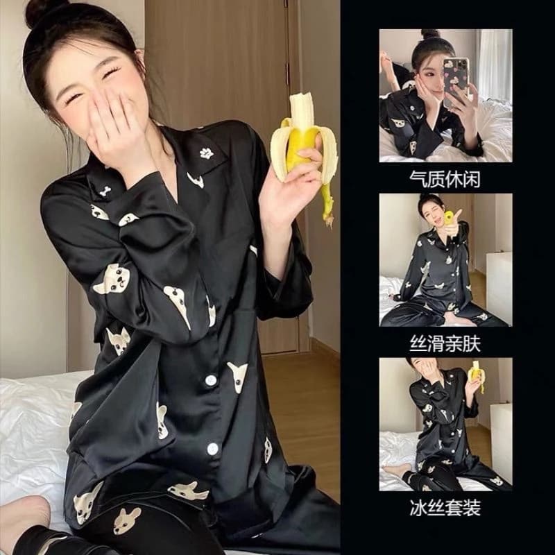 Bộ Đồ Ngủ Vải Lụa Satin Màu Xanh Dương In Hình Chú Chó Sang Trọng Cho Nữ