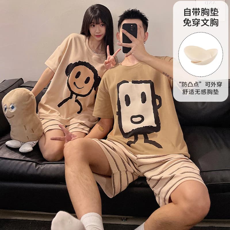 Bộ đồ ngủ cặp đôi mùa hè có đệm áo ngực cho nữ Quần Short ngắn tay hoạt hình Jacquard Cotton Blend Quà tặng mặc nhà cho ngày lễ tình nhân