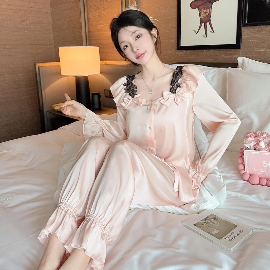 TEEFENG Bộ Đồ Ngủ Nữ Mùa Xuân Sang Trọng Cao Cấp Lụa Ren Nơ Lụa Đính Ngọc Mặc Nhà