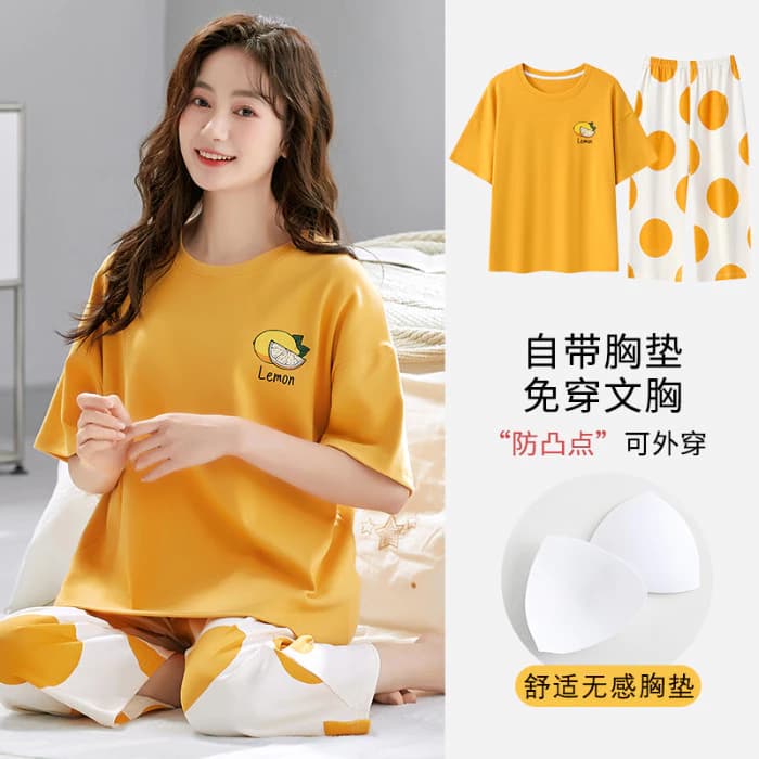 Bộ Đồ Ngủ Mới Có Miếng Lót Ngực Ngắn Tay Crop Quần Loungewear Cotton Thoải Mái Cổ Tròn Bộ Đồ Ngủ Thông Thường Chống Trầy Xước Có Thể Mặc Bên Ngoài 25