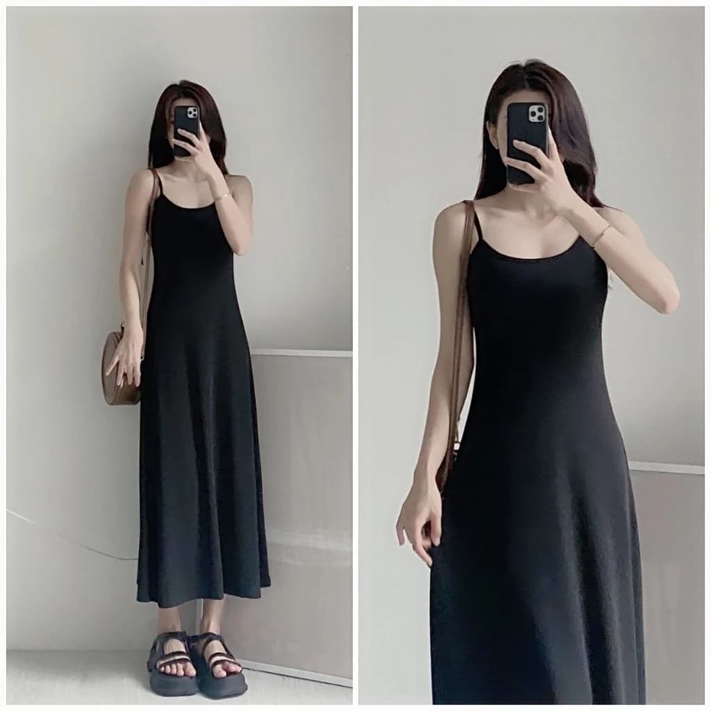 Đầm Body Nữ Hai Dây Dáng Dài Basic Ulzzang Chất Thun Gân Trung Dày Dặn Tôn Dáng - D020