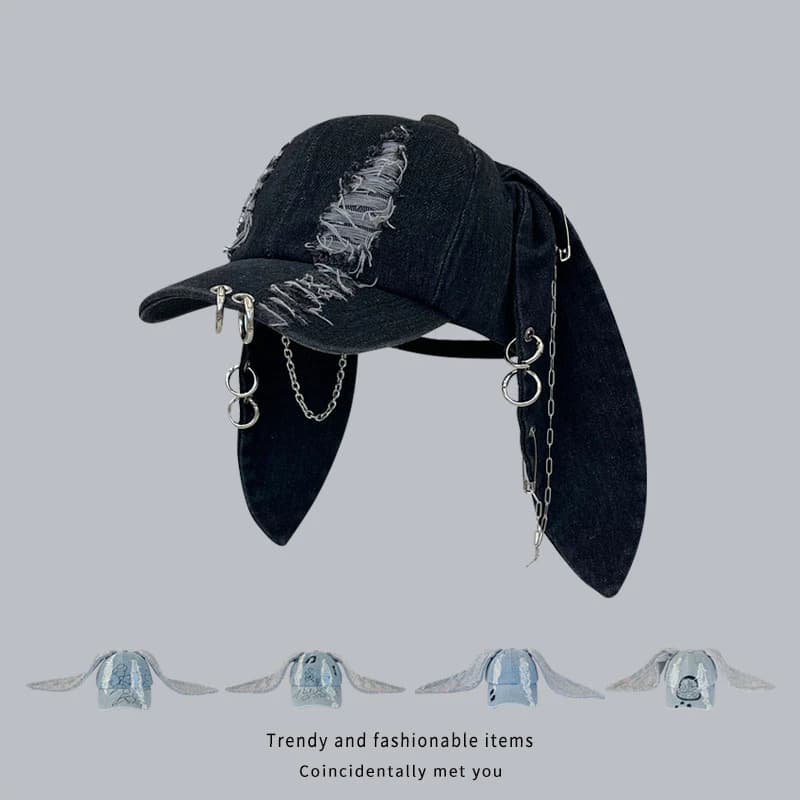 Dark Punk Tai Thỏ Đạt Đỉnh Mũ Nữ y2k Độc Đáo Phong Cách Abby Hợp Thời Trang Dây Xích Denim Rách Mũ Bóng Chày