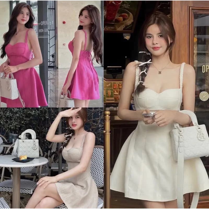 [RẺ VÔ ĐỊCH] đầm hai dây line chuẩn chất dạ tex tiểu thư cá tính A654