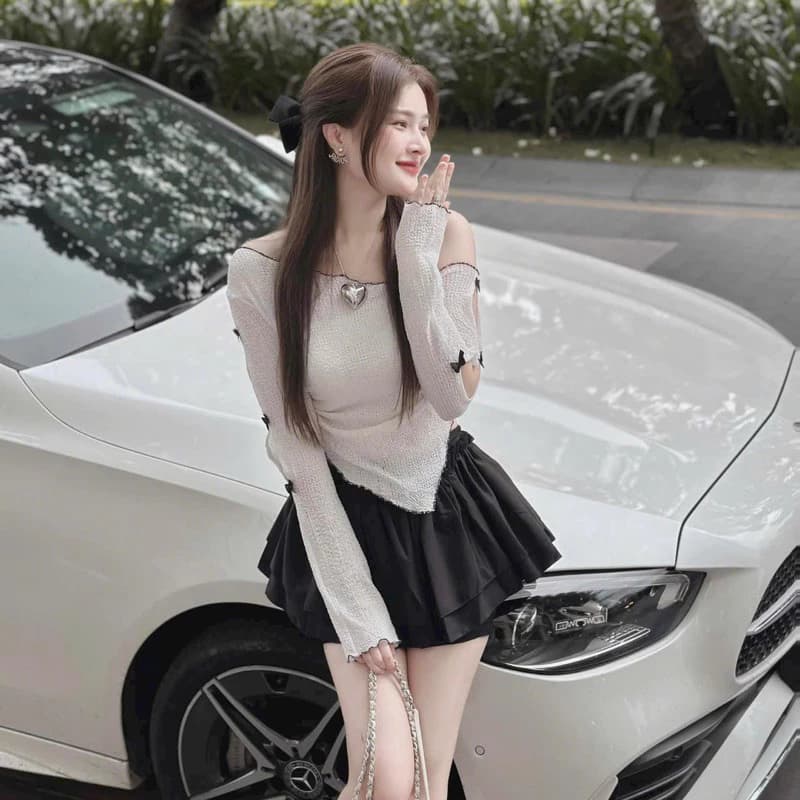 Sét áo lưới nơ 2 mặt đều vạt nhọn(kèm áo ống) và chân váy lưng thun 2 tầng
