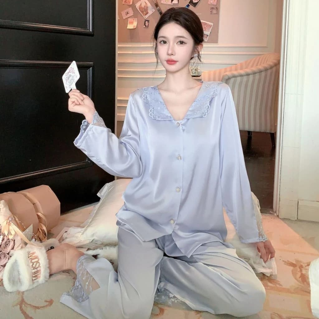 TEEFENG Đồ Ngủ Nữ Lụa Cao Cấp Viền Đăng Ten Phong Cách Gợi Cảm Tay Dài Xuân Mặc Nhà