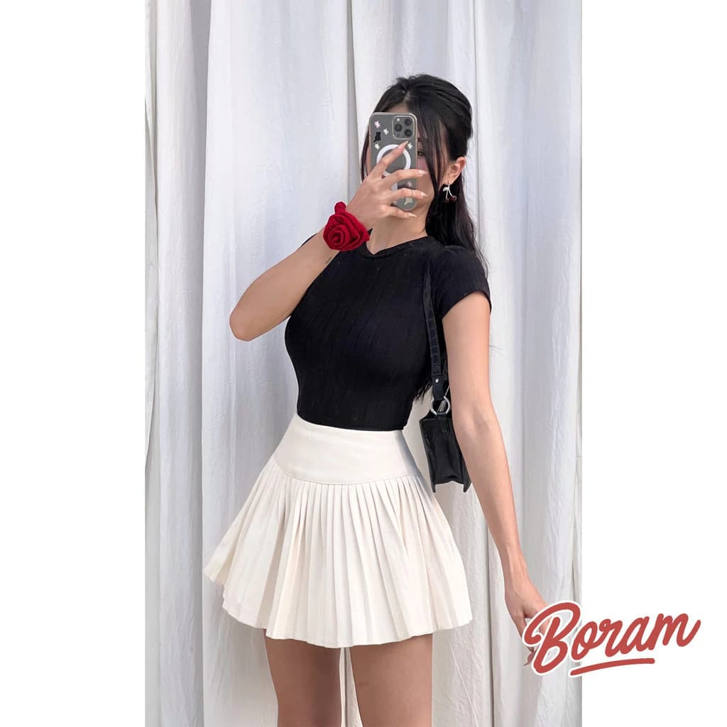 Chân váy xếp ly nhỏ, chân váy nữ ngắn trắng BORAM SG