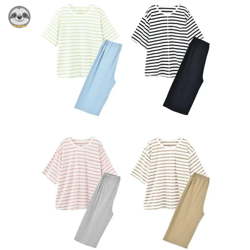 Phong cách Nhật Bản Muji Style / Bộ đồ ngồi ngắn tay Tianzhu Cotton liền mạch / Bộ đồ ngủ Cotton sọc nguyên chất / Bộ đồ ngủ cặp đôi thoáng khí