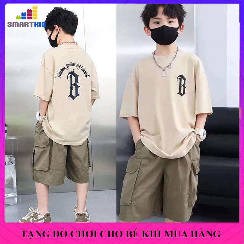 Đồ bộ bé trai, bộ đồ hè bé trai  cotton thoáng mát mẫu kakiB, bộ quần áo trẻ em, set đồ cộc bé trai size đại 18-50kg