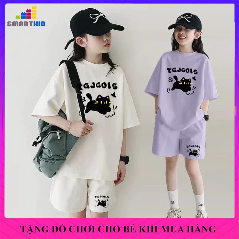 Quần áo mùa hè cho bé gái mẫu mèo size 18-50kg chất liệu cotton thoáng mát, đồ bộ cho bé gái mùa hè, bộ cộc tay bé gái