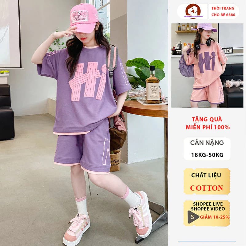 Bộ cộc tay bé gái,quần áo mùa hè cho bé gái, đồ bộ cho bé gái mùa hè mẫu Hi size 18-50kg, chất liệu cotton thoáng mát