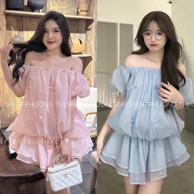 Váy áo trễ vai voan tơ quả bí đính nơ tiểu thư bánh bèo 2 lớp tiểu thư xinh xắn tiểu thư hàng loại đẹp