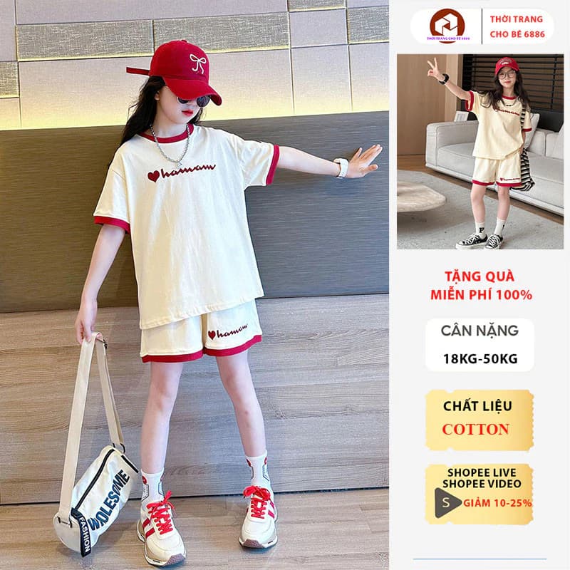 Bộ cộc tay bé gái, đồ bộ cho bé gái mùa hè, quần áo mùa hè cho bé gái mẫu Tim size 18-50kg chất liệu cotton thoáng mát