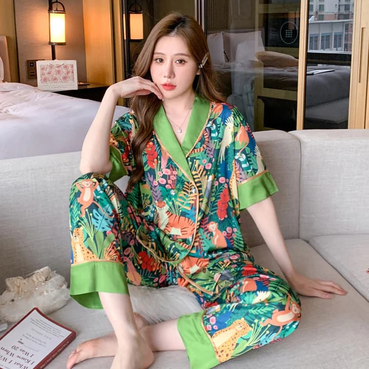 TEEFENG Bộ Đồ Ngủ Nữ Mùa Hè Lụa Cao Cấp Hoa Tay Ngắn In Hình Thời Trang Rời Mặc Nhà