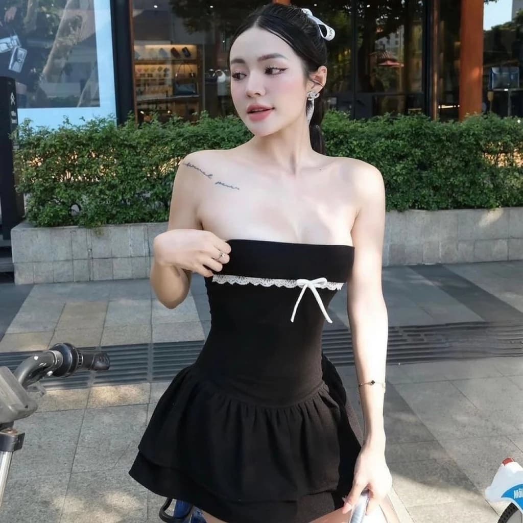 (Kèm Quần) Đầm Ống Cúp Ngực  Viền Ren Đính Nơ D128