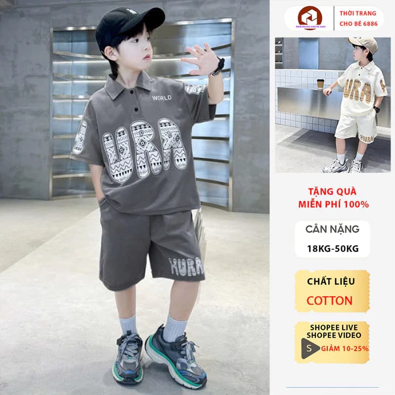 Set đồ bé trai, bộ Quần áo hè bé trai mẫu polo Ura vải thun cotton size 18-50kg. Đồ bộ bé trai, bộ đồ cộc tay bé trai