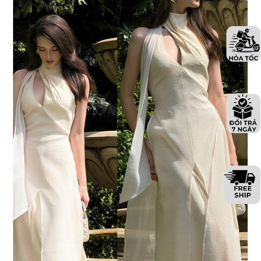 Đầm Lụa Dài Tứ Thân Dự Tiệc NV686 Váy Lụa Dài Tứ Thân Cách Tân Cổ Yếm Sang Trọng