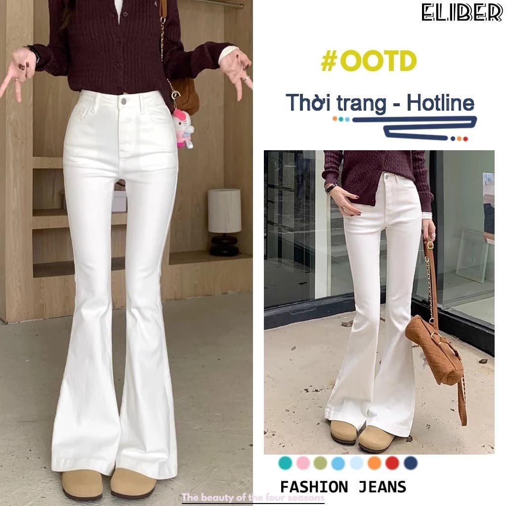 ELIBER- Quần Ống Loe Trắng Không Hở - Cho Nàng Quả Lê - Eo Cao Ôm Tôn Dáng Kéo Chân Dài Phủ Gót
