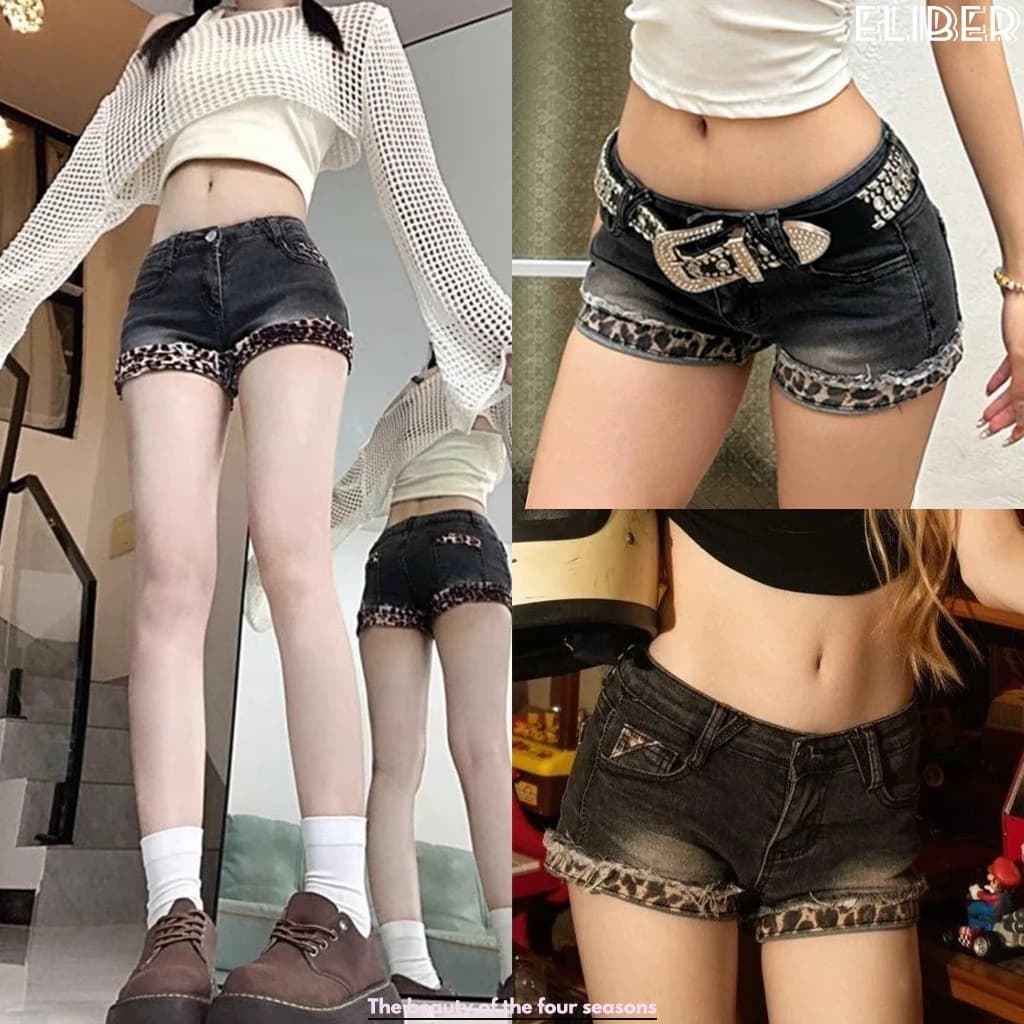 ELIBER- Quần Short Jeans Siêu Ngắn Eo Thấp -Họa Tiết Da Beo Phong Cách HongKong-Thiết Kế Tôn Dáng Dễ Phối Đồ
