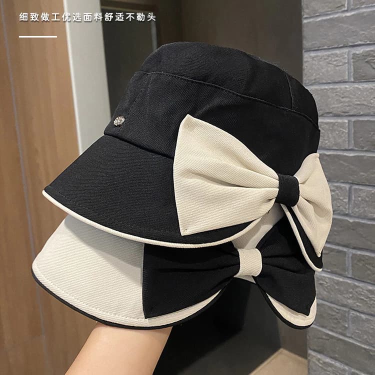 Mùa Xuân Thu Phong Cách Mới Tương Phản Màu Nơ Xô Mũ Nữ Du Lịch Ngoài Trời Kỳ Nghỉ Có Thể Gập Lại Mũ Thanh Lịch Phù Hợp Với Nồi Mũ