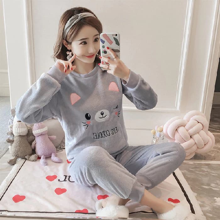 Bộ Đồ Ngủ Thu Đông Nữ Dày Học Sinh 2022 Mới Mèo Con Mặc Flannel Dễ Thương Ở Nhà Phù Hợp Với