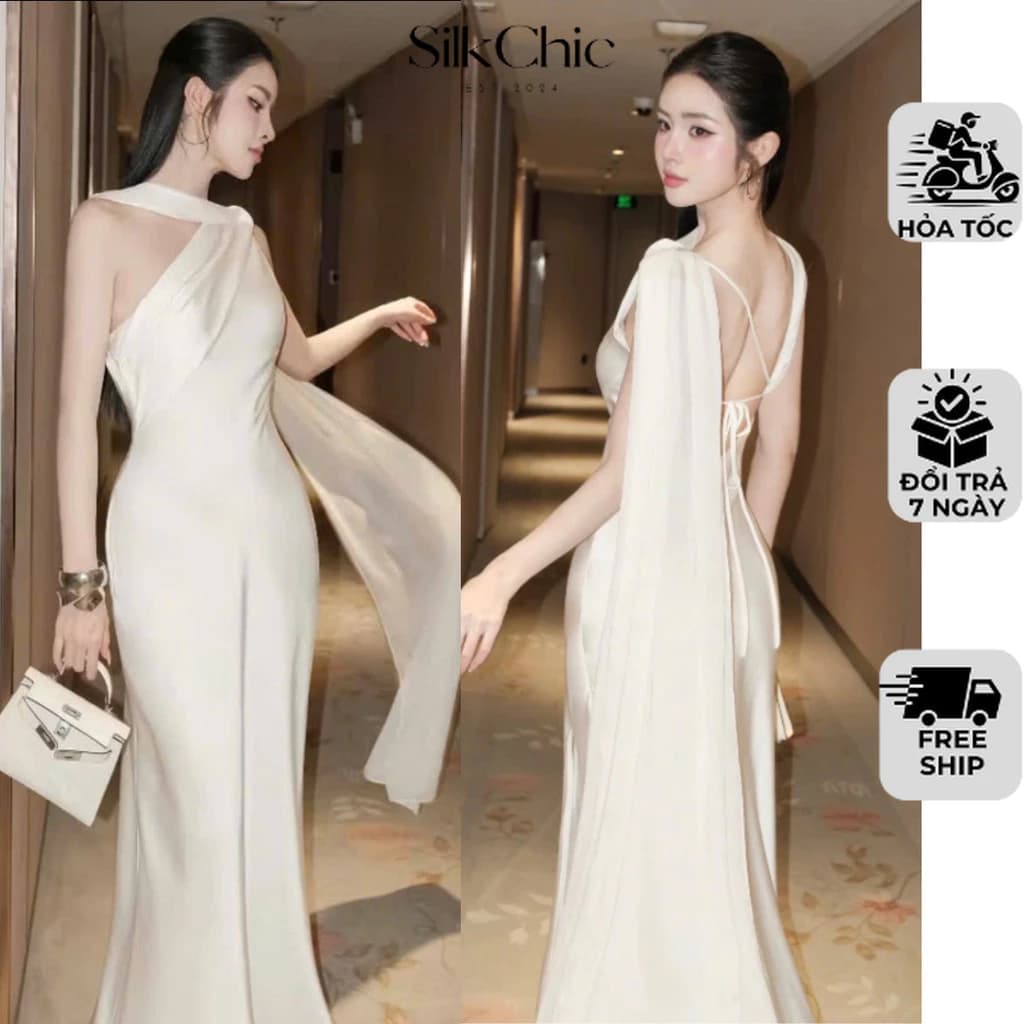 Váy Lụa Cổ Yếm Tà Chéo Hở Lưng NV09 Váy Lụa Dáng Dài Tôn Dáng Gợi Cảm, Sang Chảnh Đi Tiệc