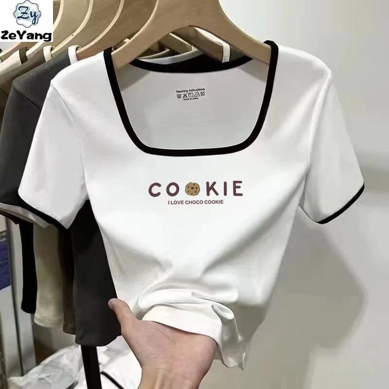[ZY] 30-83kg Hàng có sẵn cho nữ Áo thun ngắn tay có ren lụa băng ngắn tay giản dị Fat Sister Slimmer Look Stretch Top Đơn giản