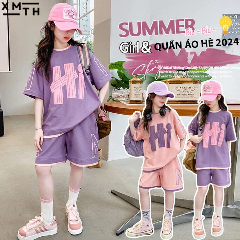 Bộ quần đùi áo cộc tay mùa hè cho bé gái 18-50kg. Sét hè, đồ bộ mặc nhà cho trẻ em nữ 6-14 tuổi mẫu Hi chất cotton