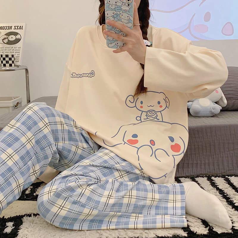 Sanrio Cinnamoroll Bộ Đồ Ngủ Nữ Plus Size Dài Tay Đồ Ngủ Người Phụ Nữ Bộ Hoạt Hình Mềm 7 Thiết Kế Baju Tidur Perempuan 100kg
