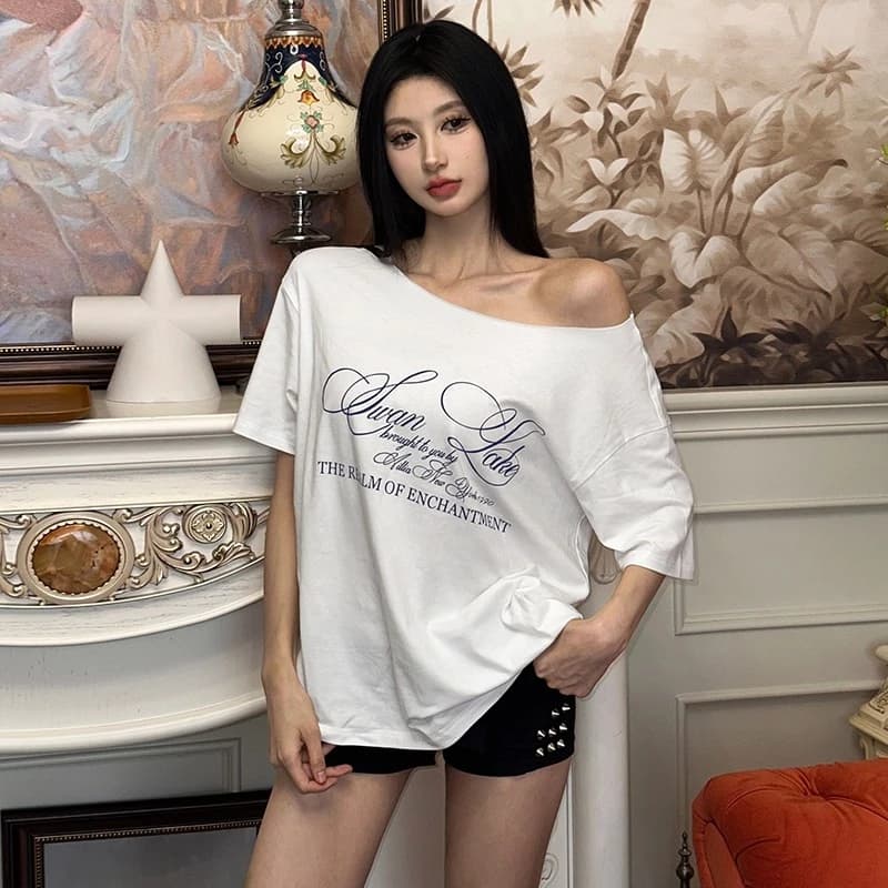 Áo Thun Klalien Chữ Bất Đối Xứng Đa Năng Đường Phố Không Khí Phong Cách Thời Trang Thường Ngày Thư Giãn Mùa Hè Nữ Nóng Mới