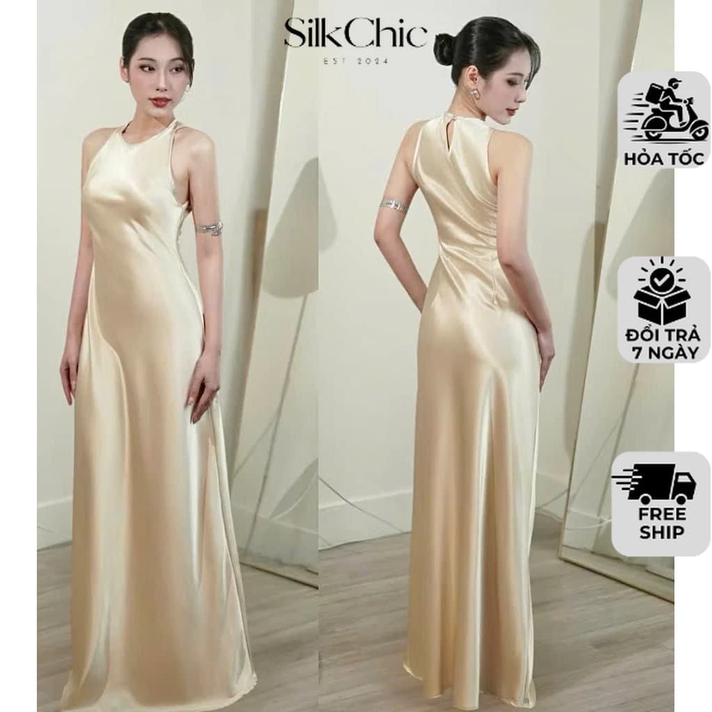 Đầm Lụa Cổ Yếm Dáng Dài Thanh Lịch NV698 Váy Lụa Gài Nút Sang Trọng Dự Tiệc