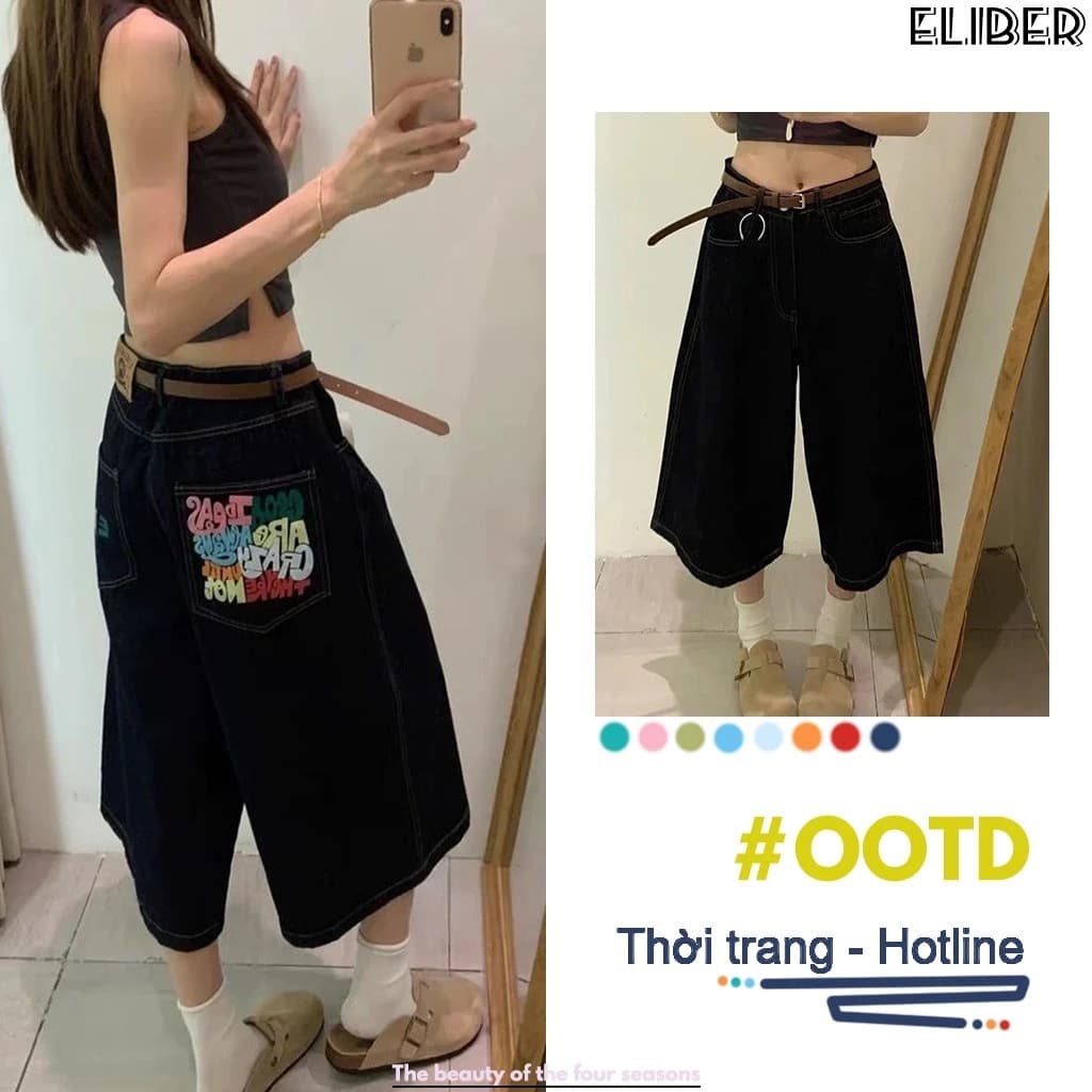 ELIBER- Quần Jeans Nữ 7 Phần Ống Rộng - In Màu Phong Cách Street-style Mỹ - Hàng Mới Thoải Mái
