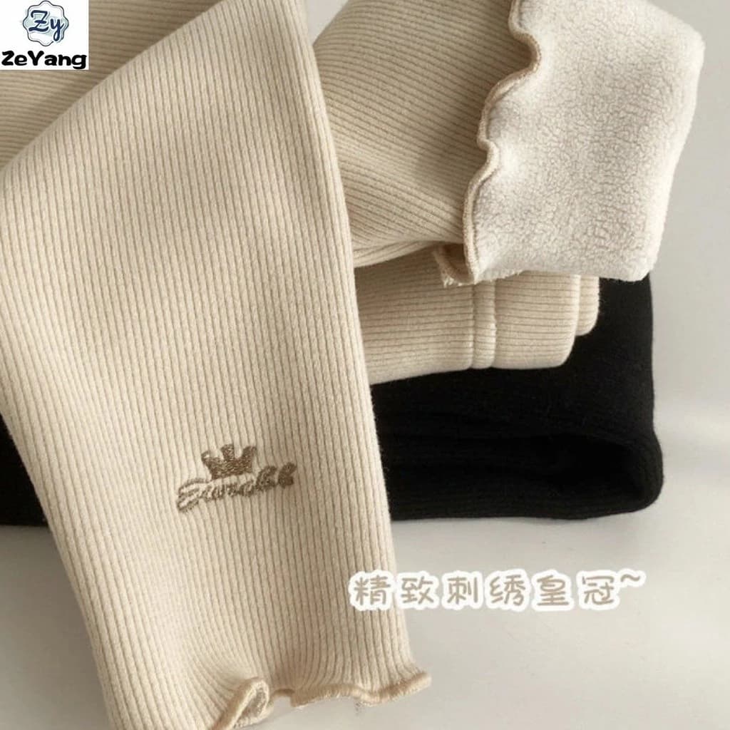 [Zy] 70-130 Hàng có sẵn Quần thường ngày thêu trẻ em Plus Nhung Quần ấm áp Thu Đông Bé Gái Quần legging dày Nấm viền đơn giản Legging An