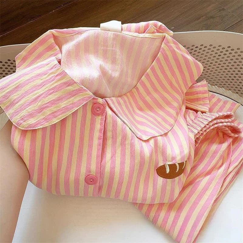 Bộ đồ ngủ sọc đơn giản phong cách Hàn Quốc Mới Bộ đồ mặc nhà rộng rãi Kiểu Nhật dài tay cho nữ