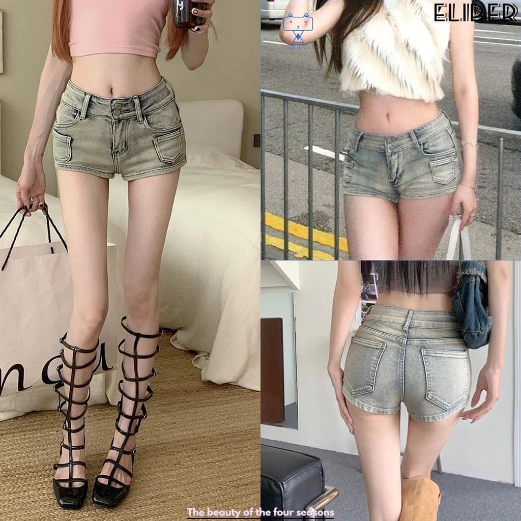 ELIBER- Quần Short Jeans Siêu Ôm Eo Thấp Co Giãn - Phong Cách Retro Cho Nàng Dưới 1m55 - Thiết Kế Siêu Ngắn Cá Tính