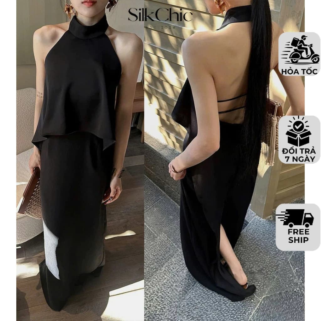 Đầm Lụa Satin Dự Tiệc Cổ Yếm Dáng Dài Hở Lưng NV697 Váy Lụa Yếm Dây Đan Hở Lưng Quyến Rũ Sang Chảnh