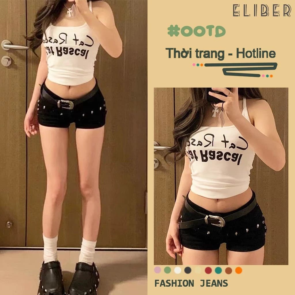 ELIBER- HÀNG SẴN - Quần short jeans đen form body - Thiết kế đinh tán - tôn dáng - Phong cách ulzzang Hàn Quốc