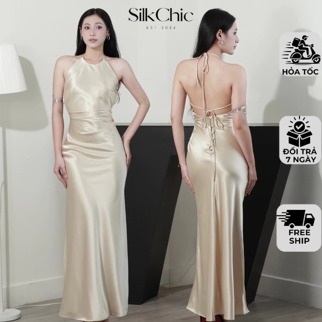 Đầm Lụa Cổ Yếm Xếp Ly Hở Lưng Dáng Dài NV746 Đầm Lụa Cổ Yếm Phối Nút Sang Chảnh Đi Tiệc