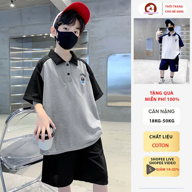 Quần áo hè bé trai hình thêu Gấu vải thun cotton size 18-50kg. Đồ bộ bé trai, set đồ bé trai, bộ đồ cộc tay bé trai