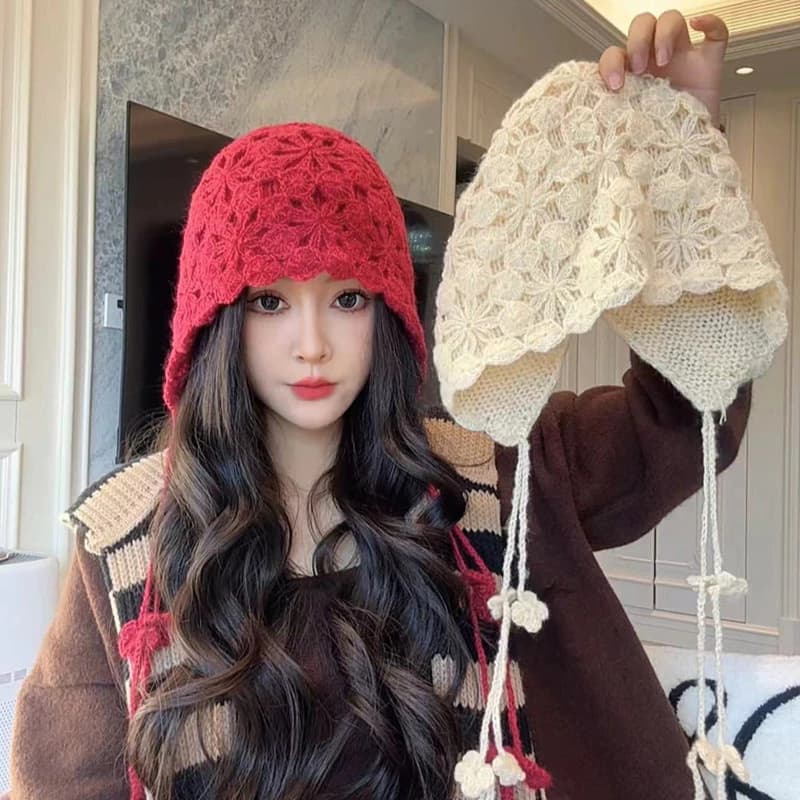 Thu Đông Phong Cách Mới Handmade Ba Chiều Móc Hai Lớp Baotou Mũ Nữ Tua Rua Ấm Áp Dân Tộc Nổi Tiếng