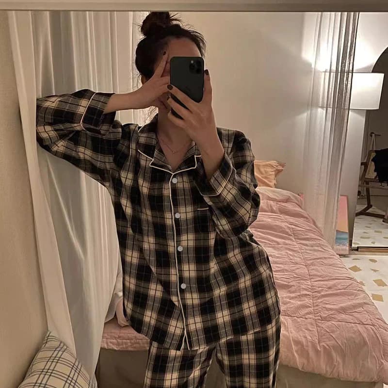 (40-72.5kg) Bộ đồ ngủ dài tay kẻ caro có ve áo cho phụ nữ, phong cách mỏng, trang phục thư giãn cho cô gái tuổi teen