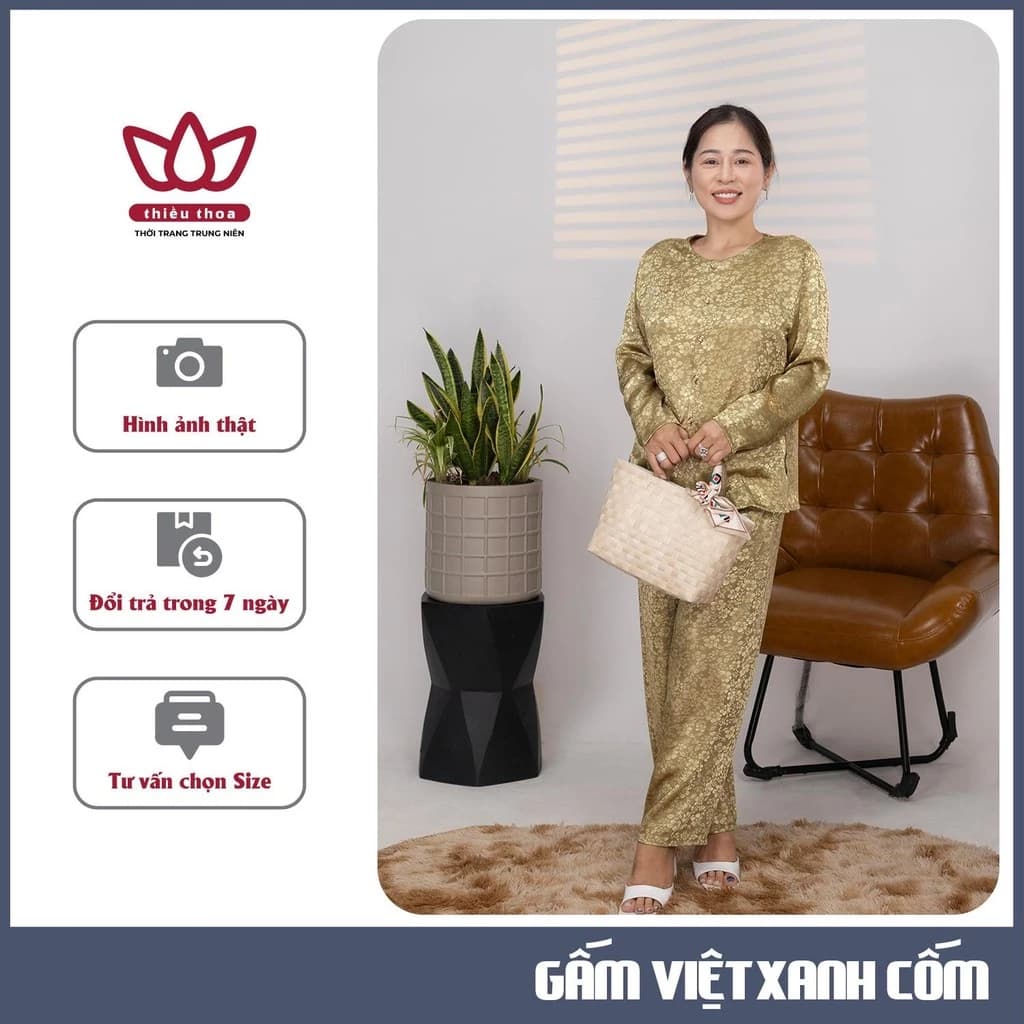 Đồ Bộ Trung Niên Nữ Cao Cấp Chất Liệu Gấm Việt Tay Dài Nhập Khẩu Cao Cấp - Thiều Thoa Store