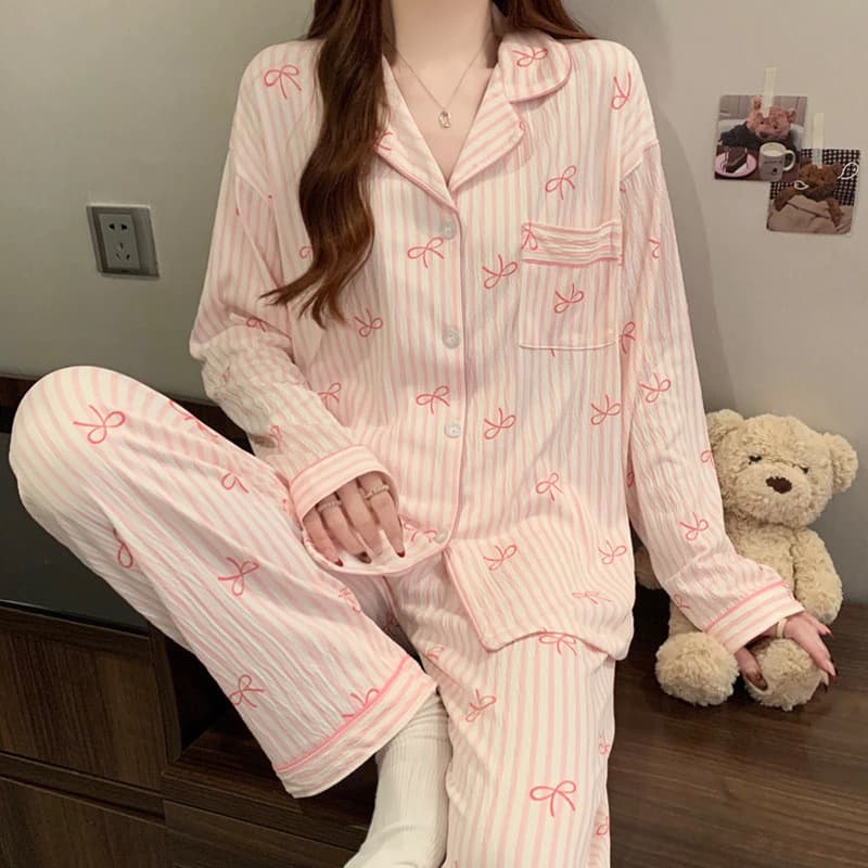 (40-75kg) Bộ pijama tay dài sọc cho cô gái ngọt ngào, phong cách Hàn Quốc, trang phục thường ngày dễ mặc