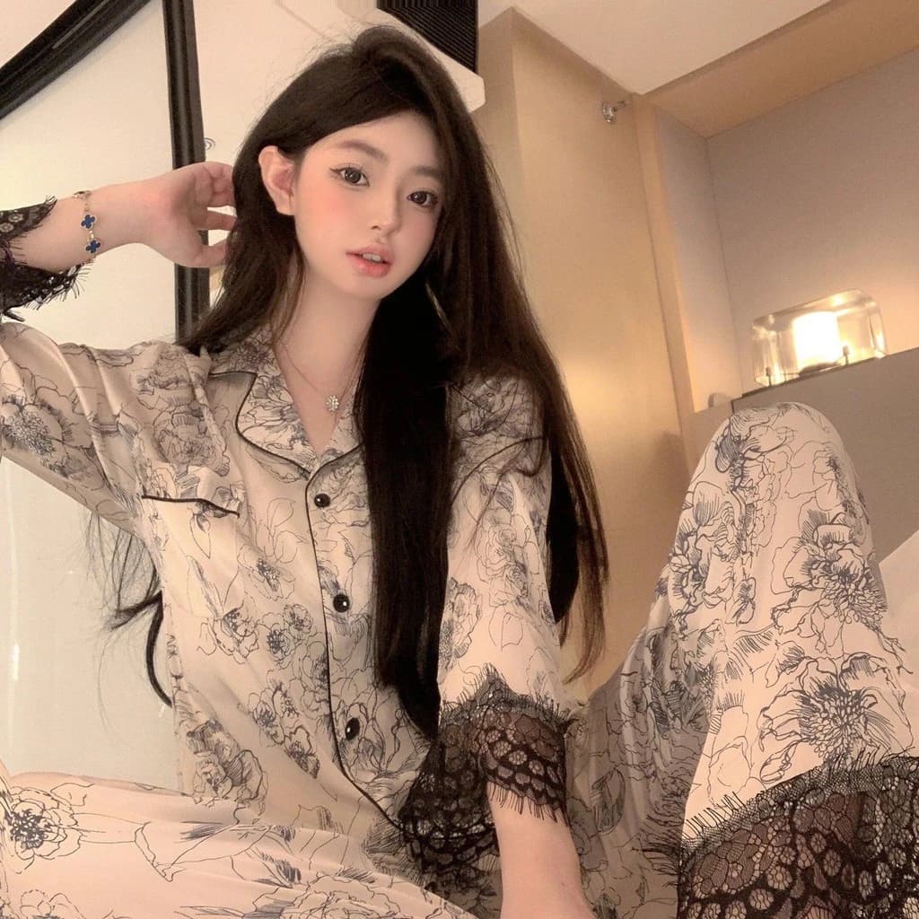 [Sẵn sàng] Bộ đồ ngủ nữ Bộ đồ ngủ dài tay Bộ đồ ngủ Trung Quốc mới Bộ đồ cỡ lớn Phong cách mới Tranh mực cổ điển kiểu Pháp cao cấp In ren dài tay