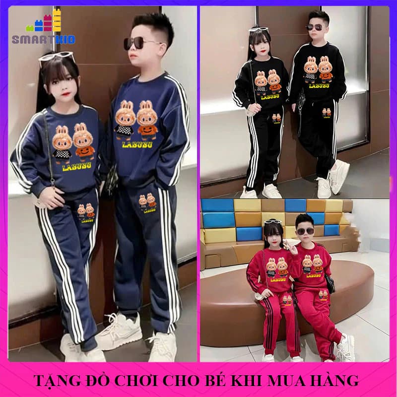 [18-52kg] Đồ bộ mùa thu đông bé trai bé gái, bộ quần áo dài tay cho trẻ em từ 6-15 tuổi chất liệu nỉ da cá mẫu Labubu 2