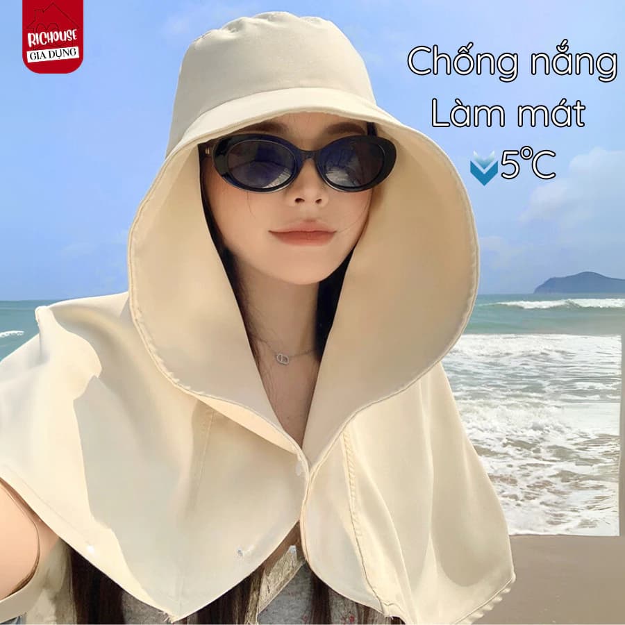 Mũ Chống Nắng Vành Rộng Tích Hợp Khăn Choàng Bảo Vệ Mặt Cổ Ngăn Tia UV, Vành Rộng 39Cm