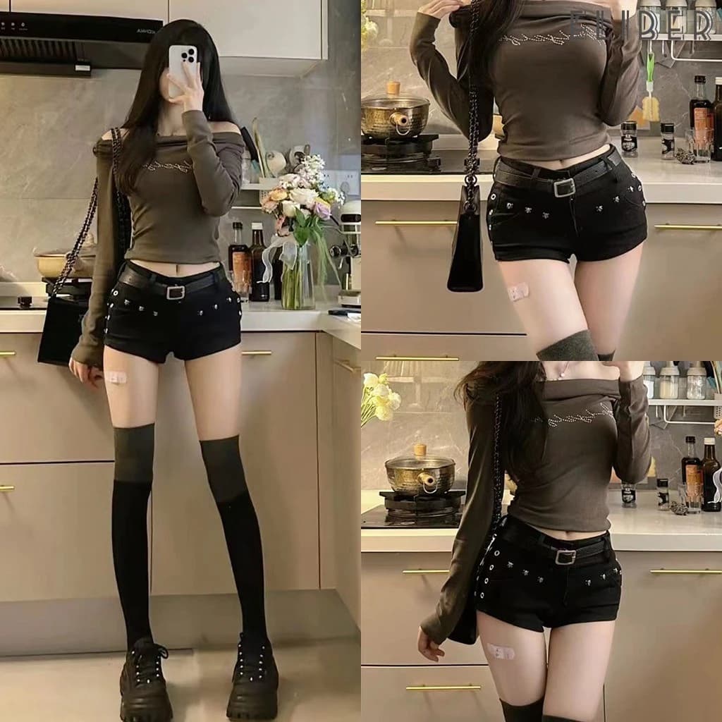 ELIBER- HÀNG SẴN - Quần short jeans đen form body - Thiết kế đinh tán - tôn dáng - Phong cách ulzzang Hàn Quốc